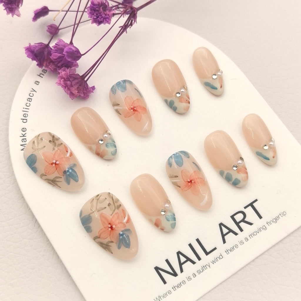 Premium Artisan Hand-Painted Floral Press-On Nails